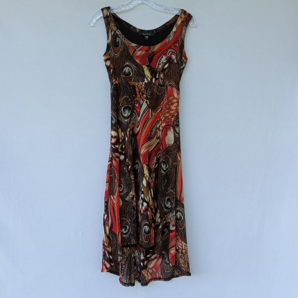 KAREN KANE Peacock Feather Design Mesh High/Low Midi‎ Dress Size S